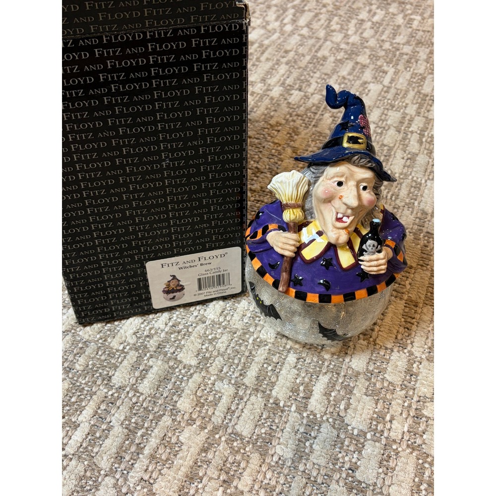Fitz and Floyd Witches Brew Glass Candy Jar Halloween Witch Figurine 663/115